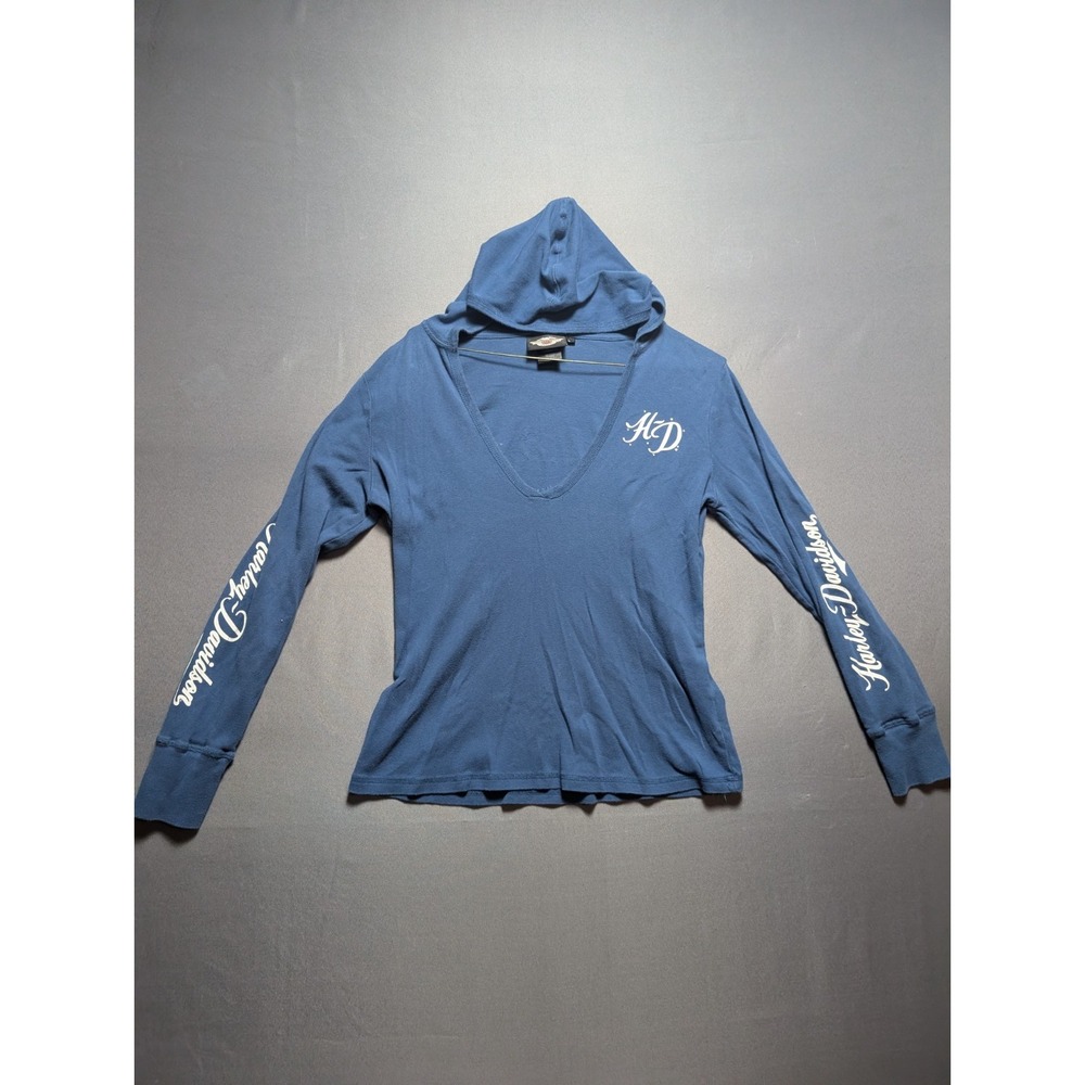 Harley-Davidson Hooded Shirt Women's Large Blue Stretch Long Sleeve Deep V Neck